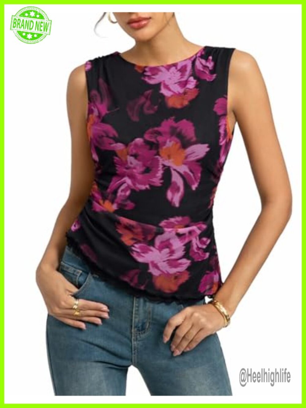 Women's Floral Mesh Ruched Tank Top, Sleeveless Summer Y2k Going Out Top